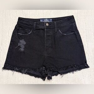 Hollister Women's High Rise Mom Short Button Fly Cut Off Distressed Black Denim